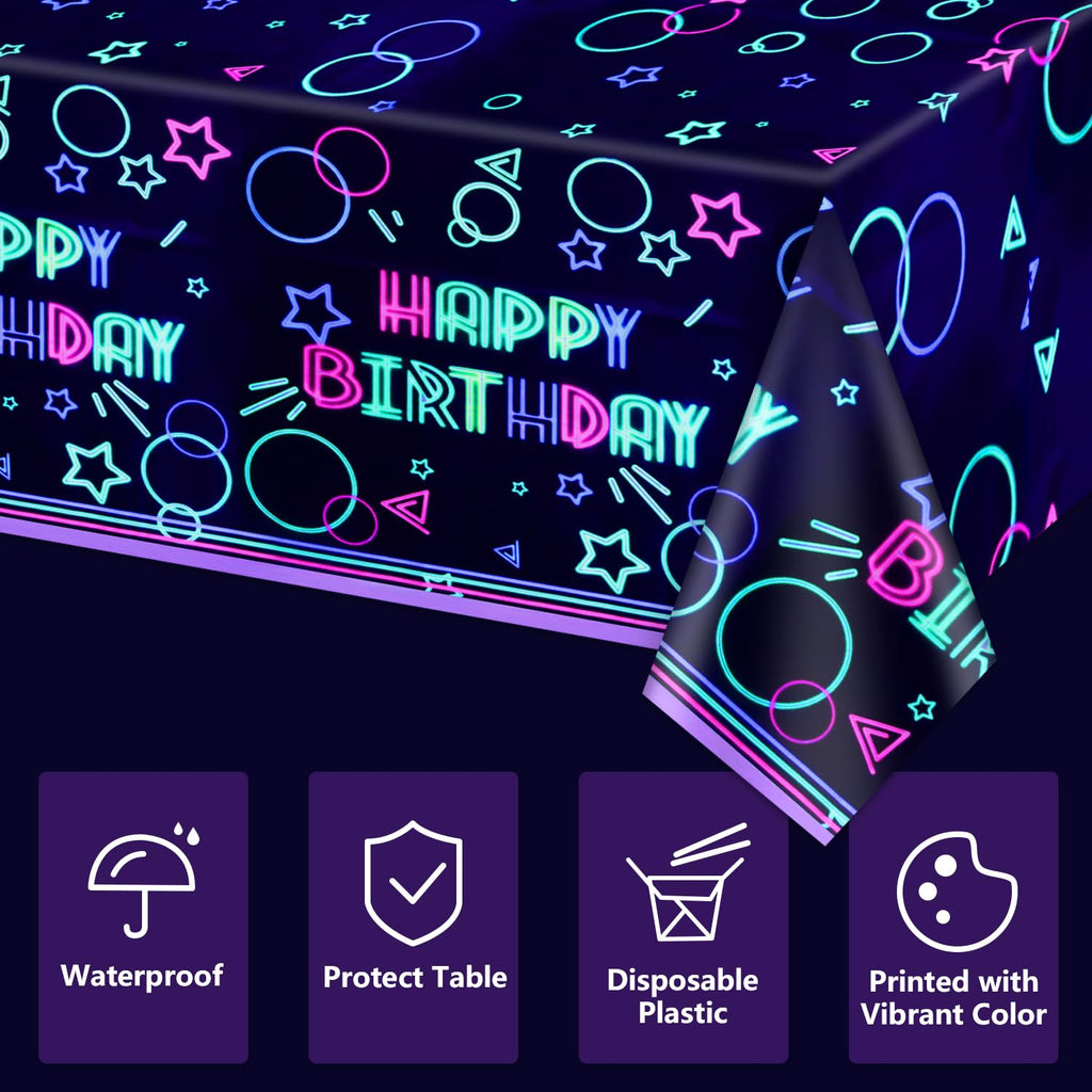 XJLANTTE 4 Pack Glow Party Tablecloth Supplies - Neon Plastic Birthday Table Cover, Black Light Fluorescence Rectangle Table Cloth 51"x86.6" for Glow in The Dark Birthday Party Decorations