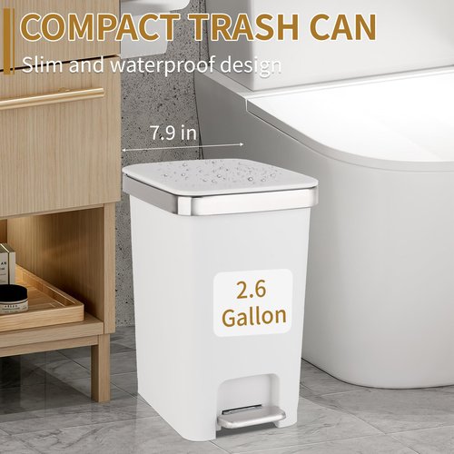 Small Bathroom Trash Can with Lid and 3 Rolls Trash Bags, Step Pedal Wastebasket Plastic Garbage Can with Pop-Up Lid 2.6 Gallon Bin for Kitchen, Bedroom, Office, Dorm, Laundry, Toilet, Rv, White