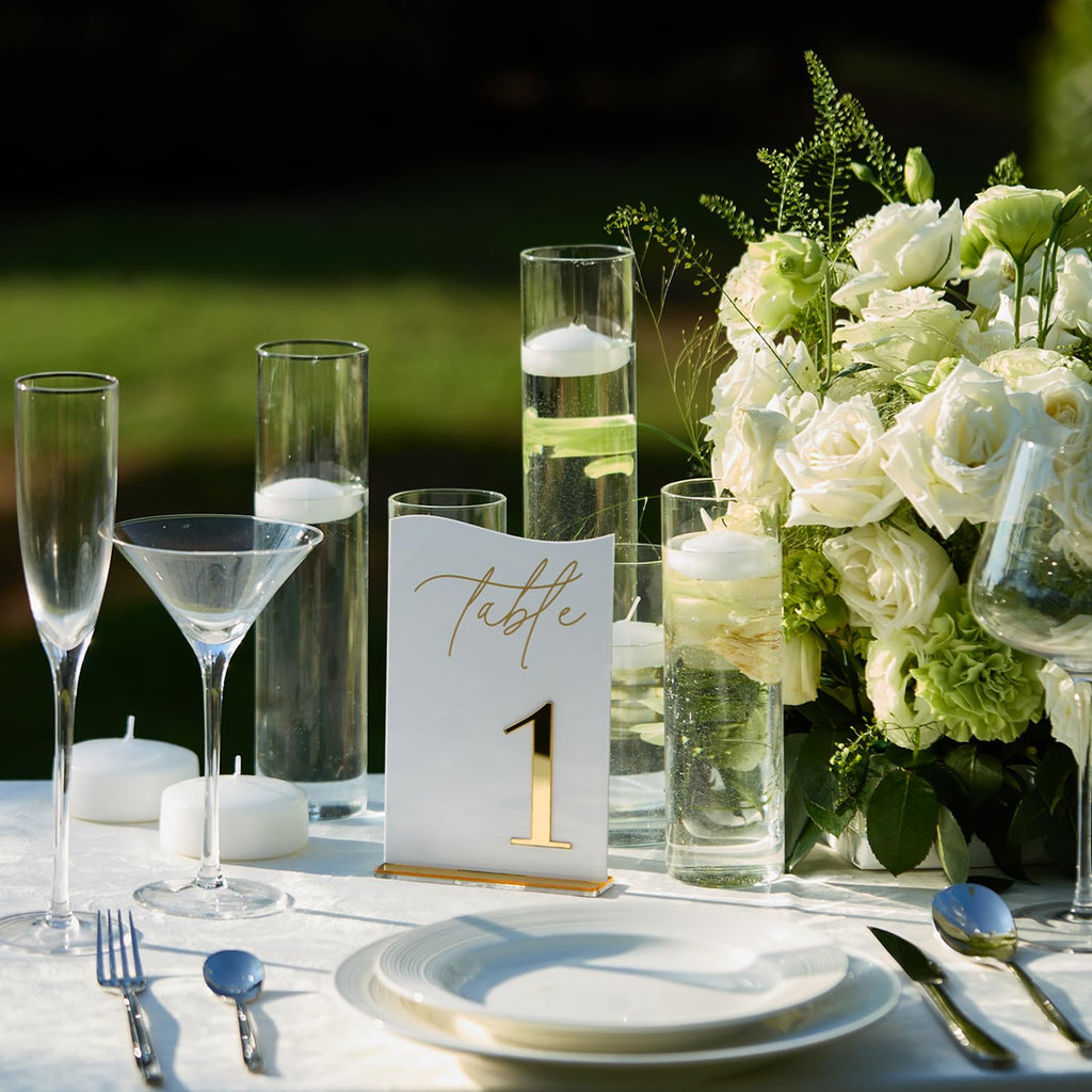 Gold Mirrored Acrylic Wedding Table Numbers 1-30 Set, Self-Standing Modern Arched Signs for Reception Seating, Anniversary & Bridal Shower, Elegant Wedding Decor (5x7 Inches)