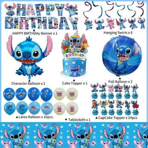53 Pcs Blue Party Supplies, Birthday Decorations Set Include Banner, Balloons, Hanging Swirls, Cake Toppers, Tablecloth for Cartoon Theme Party