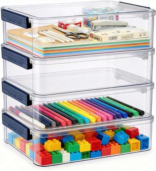 Clear Plastic Storage Box - 4 Pack 5.5qt Snap-Tight Latch | Stackable Organizer for A4 Files, Photos & Crafts