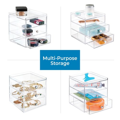 Clarity Cosmetic Organizer for Vanity Cabinet to Hold Makeup, Beauty Products - 3 Drawer, Clear