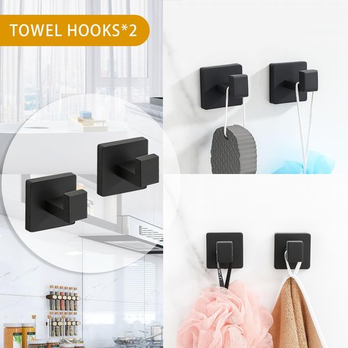 Twirobt 5-Piece Matte Black Bathroom Hardware Accessories Set - 16 Inch Stainless Steel Wall Mounted Towel Rack, Toilet Paper Holder, Towel Ring & 2 Hooks, Bathroom Organizer and Storage