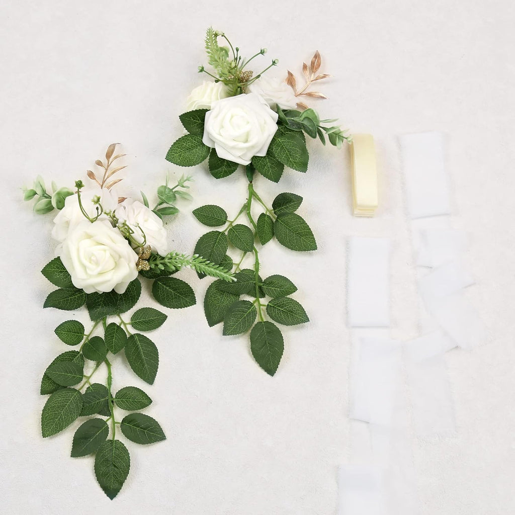 Skiennix Wedding Aisle Decorations - Set of 10 Artificial Pew Flowers with Eucalyptus & Ribbons | Elegant White Decor