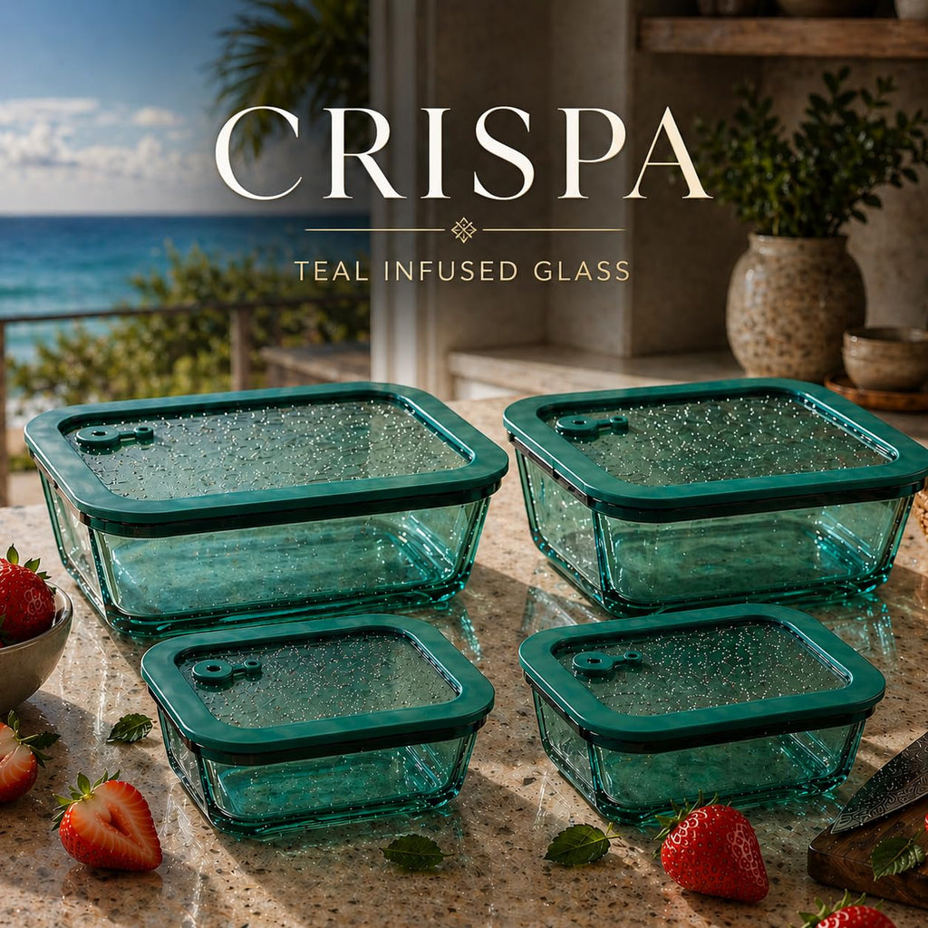 Crispa 8-Piece Teal Glass Food Storage Containers with Silicone Framed Glass Lids – 100% Plastic-Free Lunch Box Meal Prep Set (2x 40oz, 2x 20oz) – Leakproof Airtight Borosilicate for Freezer to Oven