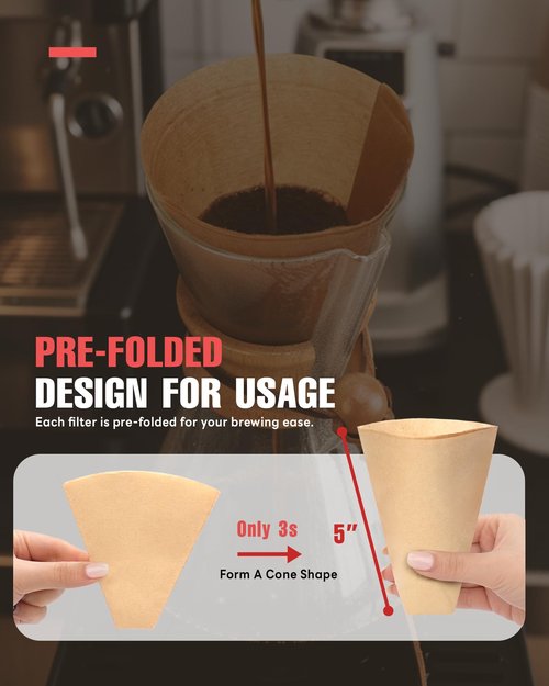 Brew Choice Pre-folded Unbleached Cone Coffee Filters 100 Count, Natural Upgraded 30% Thicker Paper Compatible with 1-3 Cup Chemex Pour over Coffee Maker
