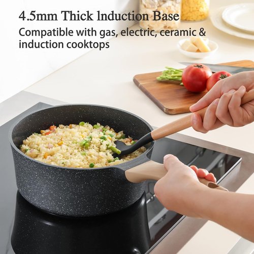 Greblon 2 Quart Nonstick Saucepan with Lid - Non Toxic Ceramic Cookware, Induction Compatible