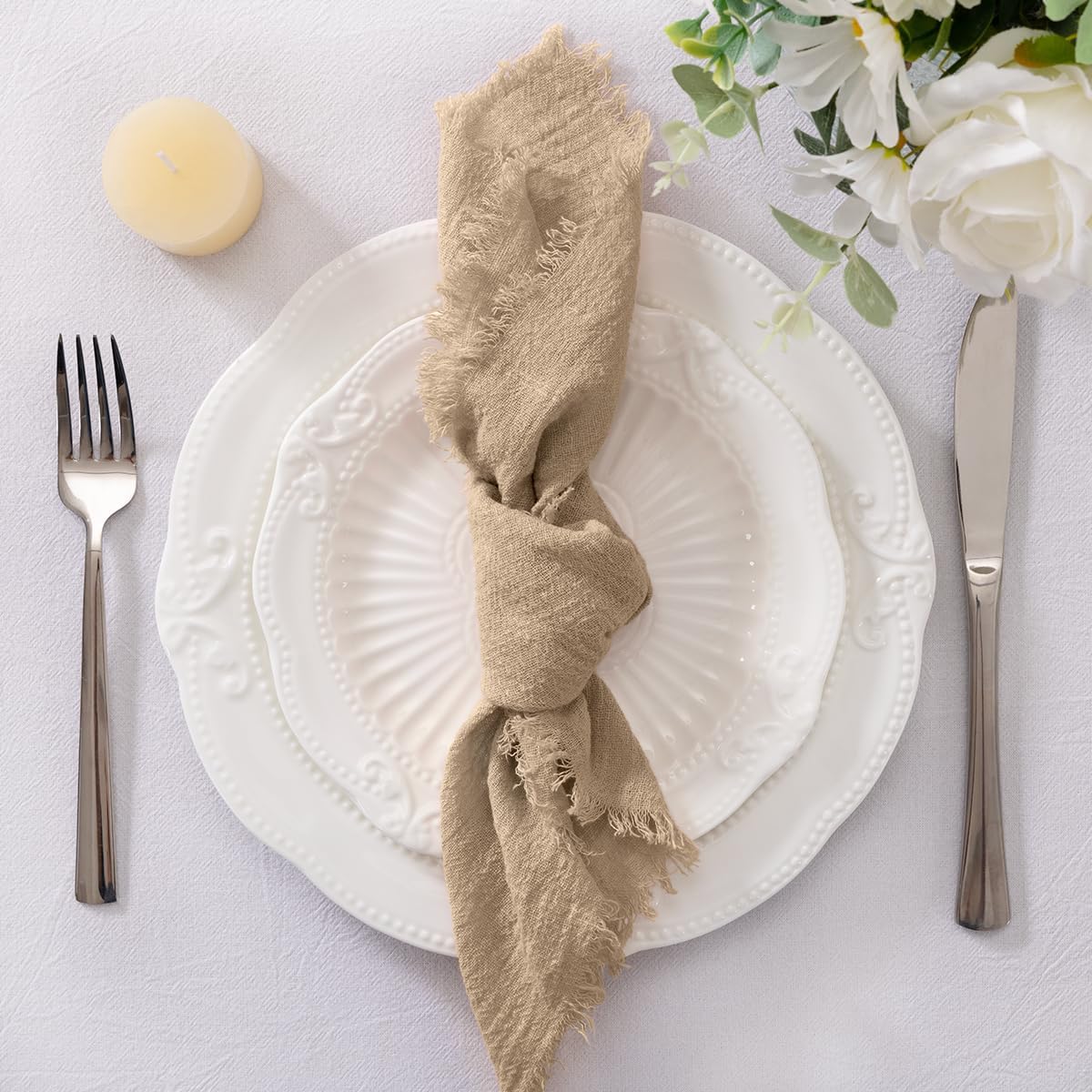 Socomi Linen Napkins Set of 6 - Washable Caramel Cloth Napkins for Weddings & Parties | 17"x17" Size