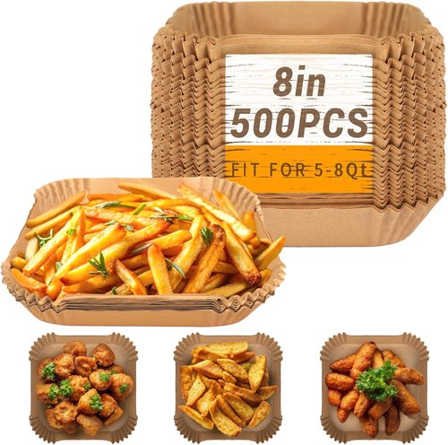 500Pcs Air Fryer Paper Liners - 8” Square Non-Stick Parchment for 5-8 QT Air Fryers | Oil-Proof & Unbleached