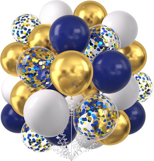 KALOR 12-Inch Metallic Gold Latex Balloons - 60 Pcs Navy Blue & White Confetti for Parties & Celebrations