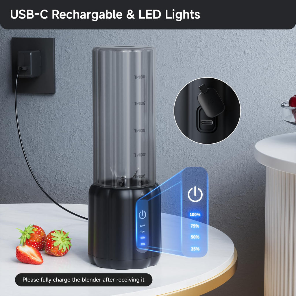 TOMUOO Portable Blender, Small Smoothie & Shake Maker with 6 Blades, USB-C Rechargeable Personal Blender with LED Display, Travel-Friendly Mini Juicer Cup for Home, Office, Gym, Outdoor, 17oz, Black