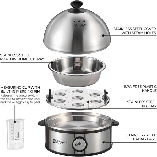 Annie & Mia Design Electric Egg Cooker - Stainless Steel 7 Egg Capacity, Multi-Function Poacher & Steamer