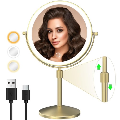 MIROAMZ 8" Lighted Makeup Mirror, 1X/10X Magnification Mirror with Lights, Double Sided Dimmable Mirrors, Rechargeable & Brightness & Height Adjustable, Cordless Vanity Mirror(Gold)