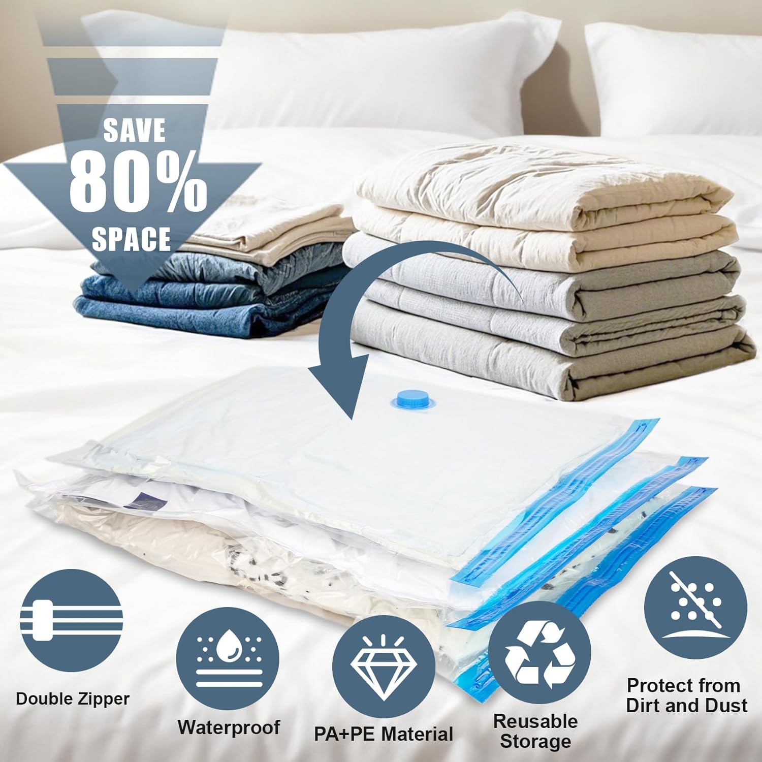 Skiennix Jumbo Vacuum Storage Bags - Extra Large Compression Bags with Hand Pump for Clothing & Bedding