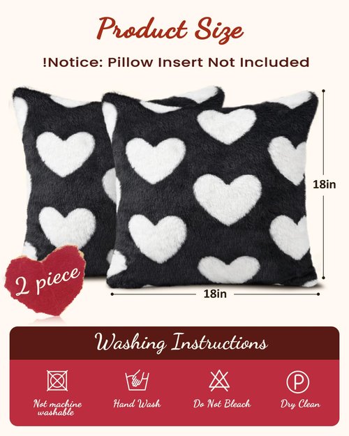 Kokaaee Valentines Pillow Covers 18x18 Inch Set of 2 - Plush Faux Fur Black White Love Hearts Valentines Day Jacquard Throw Pillow Covers Decorations Soft Home Decor for Couch, Sofa, or Bed