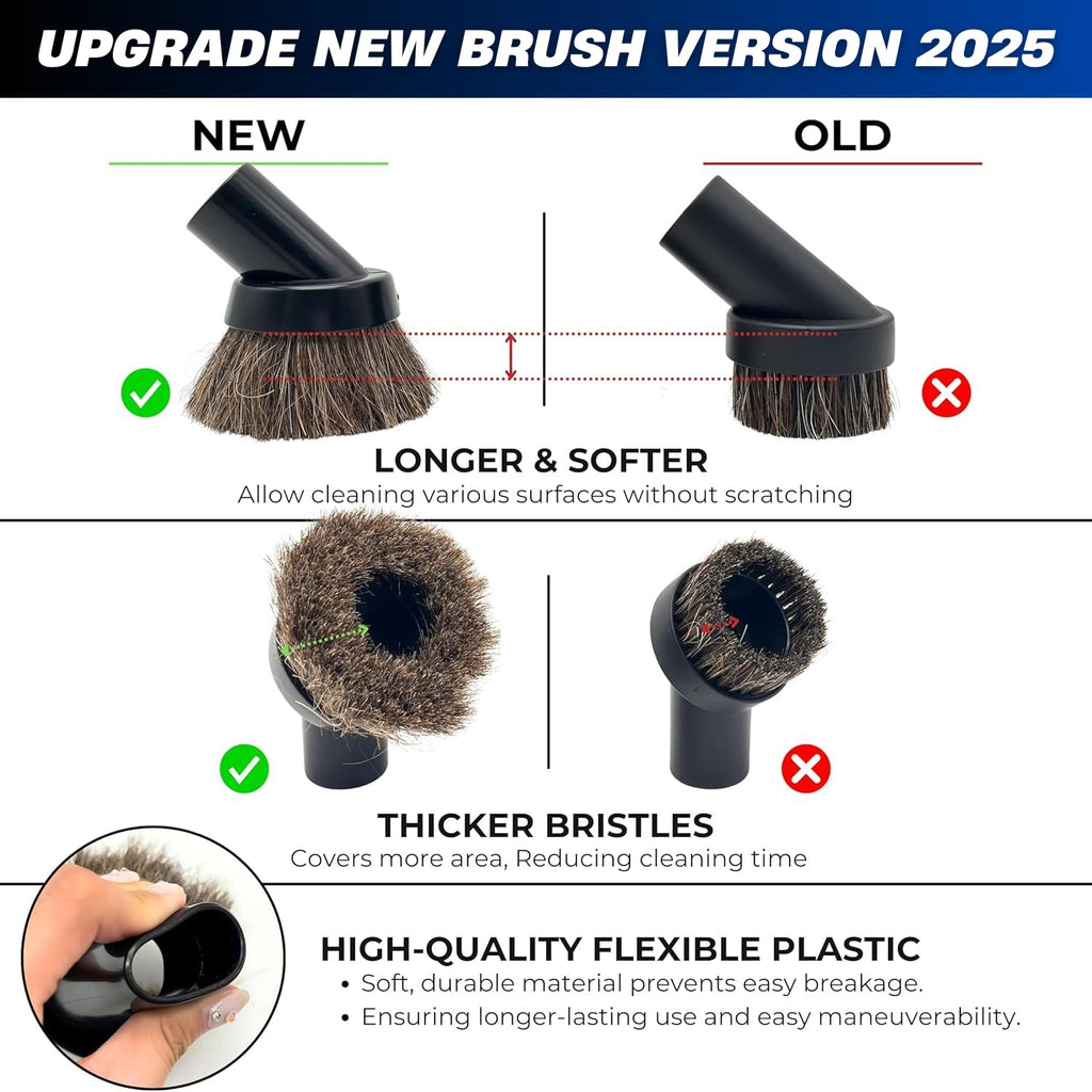 for Shop Vacs Replacement Vacuum Brush Attachment 1.25 Inch (32mm) with Soft Horsehair Bristles - 1-1/4'' Vacuum Accessories Compatible with Milwaukee M18, Eureka Mighty Mite 3670M & More