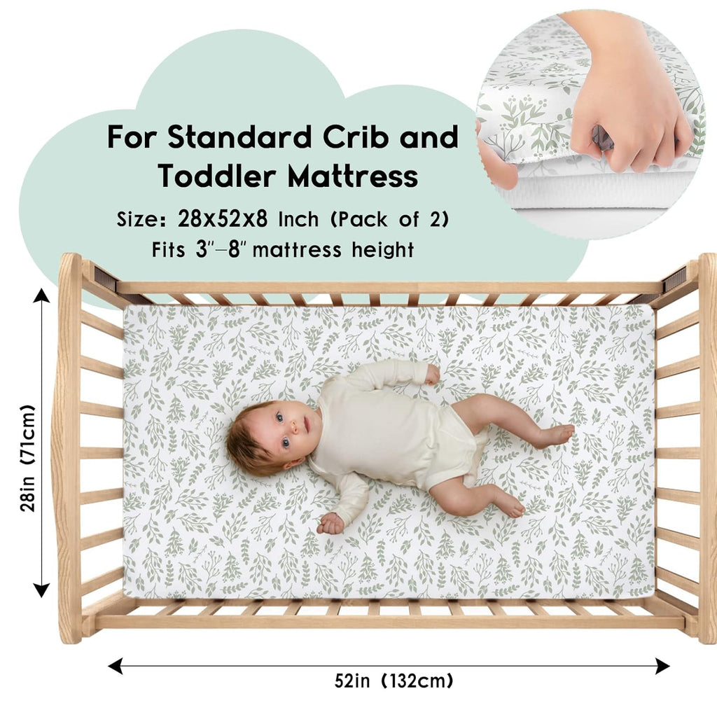 Yoofoss Fitted Baby Crib Sheets - Super Soft Microfiber 2-Pack for Standard Crib & Toddler Mattress | Green & Leaf Design 28x52x8in