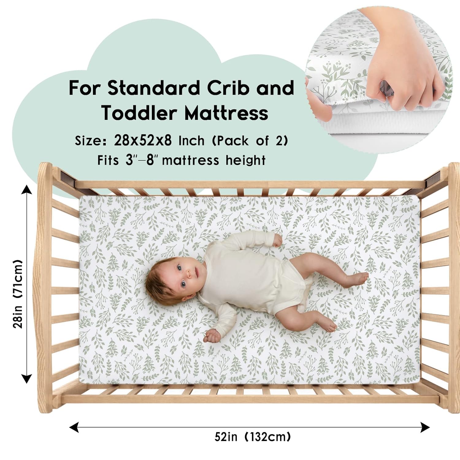 Yoofoss Fitted Baby Crib Sheets - Super Soft Microfiber 2-Pack for Standard Crib & Toddler Mattress | Green & Leaf Design 28x52x8in