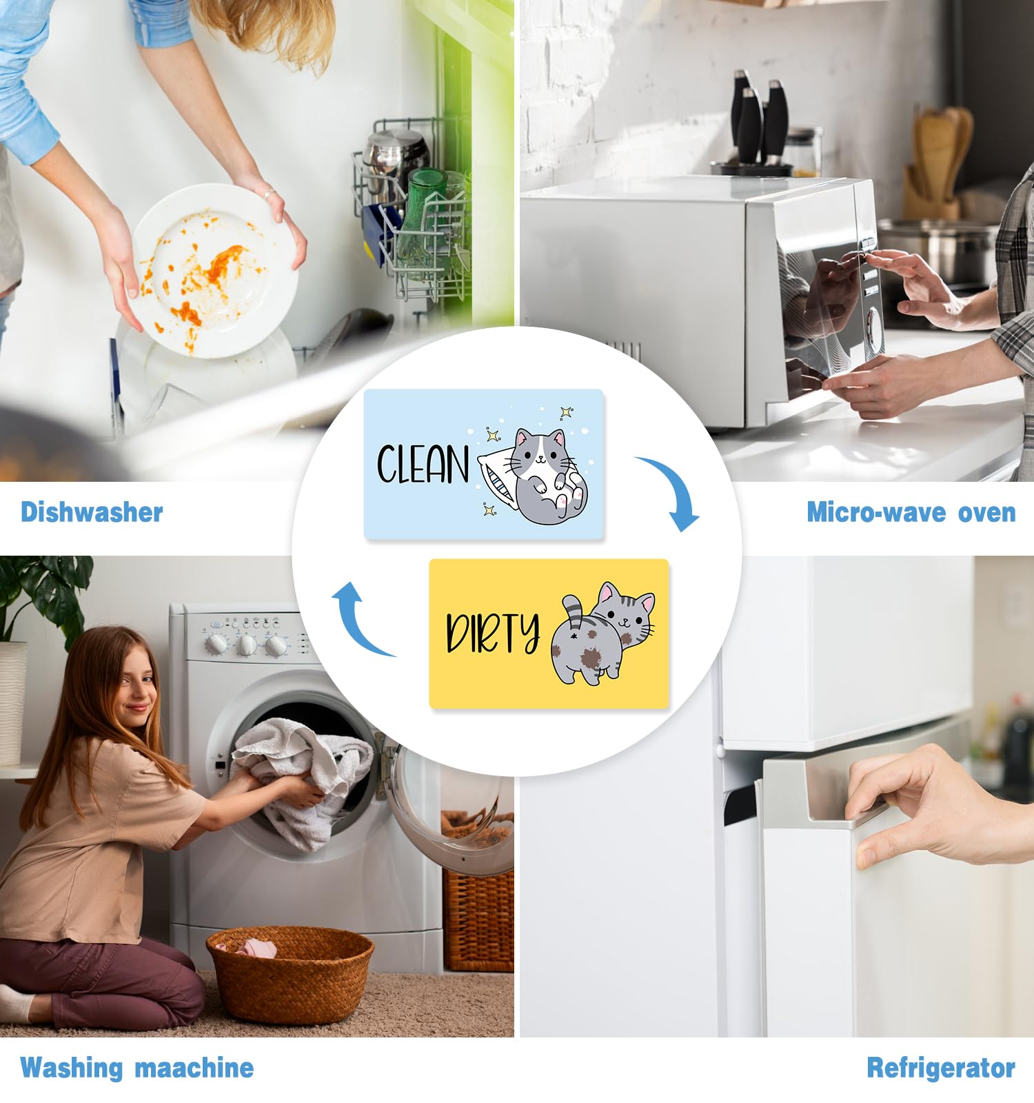 Funny Cute Cartoon Cat Dishwasher Magnet Clean Dirty Sign, Double Sided Dirty Clean Dish Washer Magnet Indicator for Kitchen