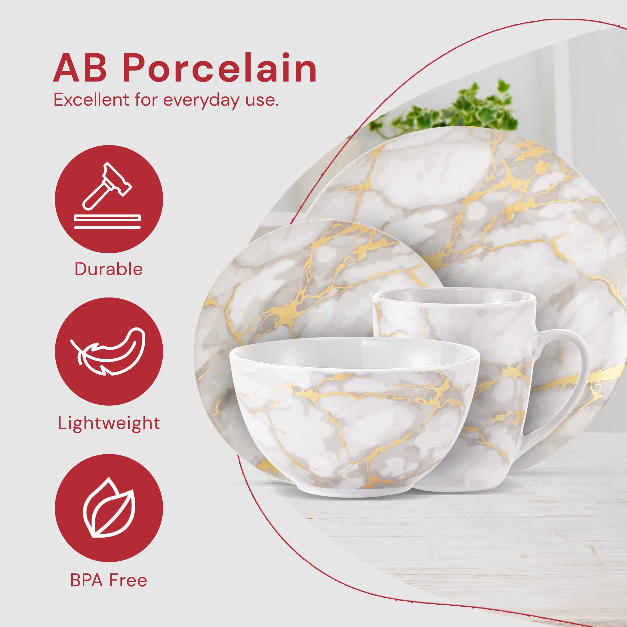 Safdie & Co 16-Piece Modern Premium Porcelain Ceramic Dinner Set, Lightweight Designed, Stackable, in Gold Marble/Gray Finish