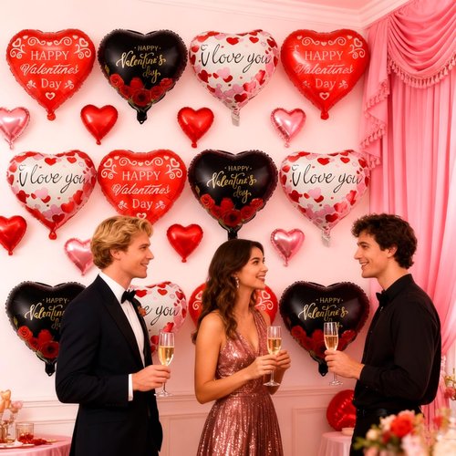 15Pcs Heart Balloons Valentines Party Decorations - 18 Inch Happy Valentine Balloon - Black and Red Heart Shaped Balloons for Valentines Day Decorations - Romantic Night Party Decor