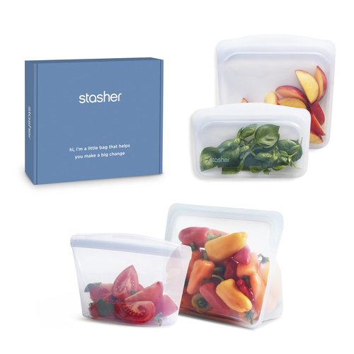 Stasher Silicone Reusable Storage Bags, 4-Pack Starter Kit, Reusable Freezer Bags, Microwave, Dishwasher, Oven Safe, Sous Vide, Premium Lunch Containers, Eco Friendly, Food Storage Bags, Clear