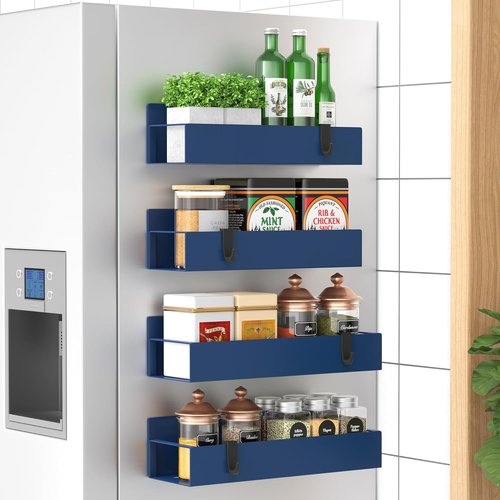 HuggieGems Magnetic Spice Storage Rack - 4 Pack Refrigerator Organizer in Royal Blue