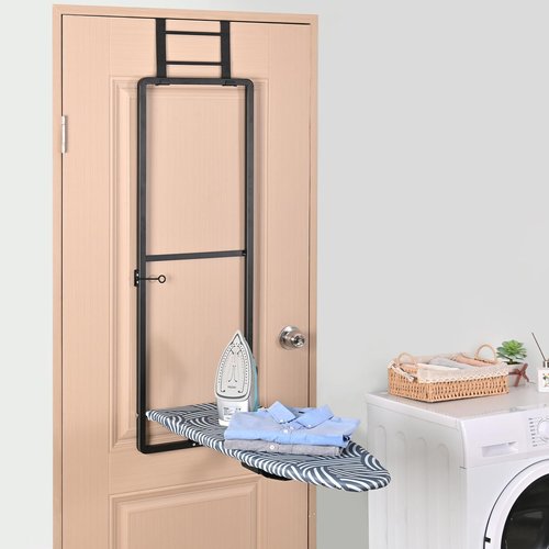 KINGBOARD Over Door Ironing Board, Hanging Ironing Board with Iron Holder, 36" X 12" Compact Fold Down Iron Board for Small Spaces, Removable Heat Resistant Cover, Blue