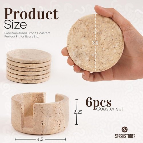 SPESHSTONES Marble Coasters Set of 6 Round 3.5 Inch Travertine Coaster for Drinks with Holder - Ideal Stone Drink Coasters for Coffee Bar Accessories, Gifts, Dining Table & Home Décor