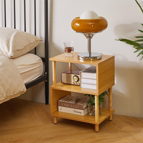 Aibiju Wooden Night Stand with Open Shelf, Nightstand with Solid Wood Legs, S-Shaped Bed Side Table 3 Tier, End Table Natural Wood YD-TM152N