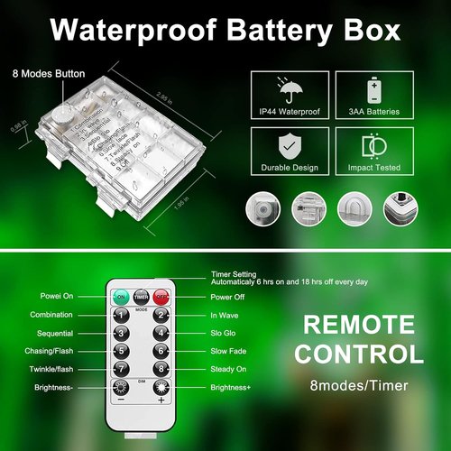 JMEXSUSS Battery Operated Green String Lights - 200 LED Waterproof 66ft Rope Lights with Remote for St. Patrick's Day Decor