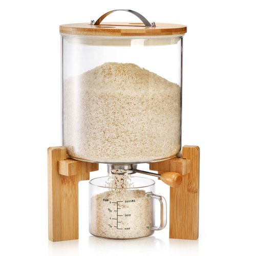 Tlence 5L Glass Rice Dispenser, Cereal Container with Bamboo Stand, Large Airtight Food Storage Bin, Rice Organization Tank with Measuring Cup for Grain Coffee Beans Dry Food