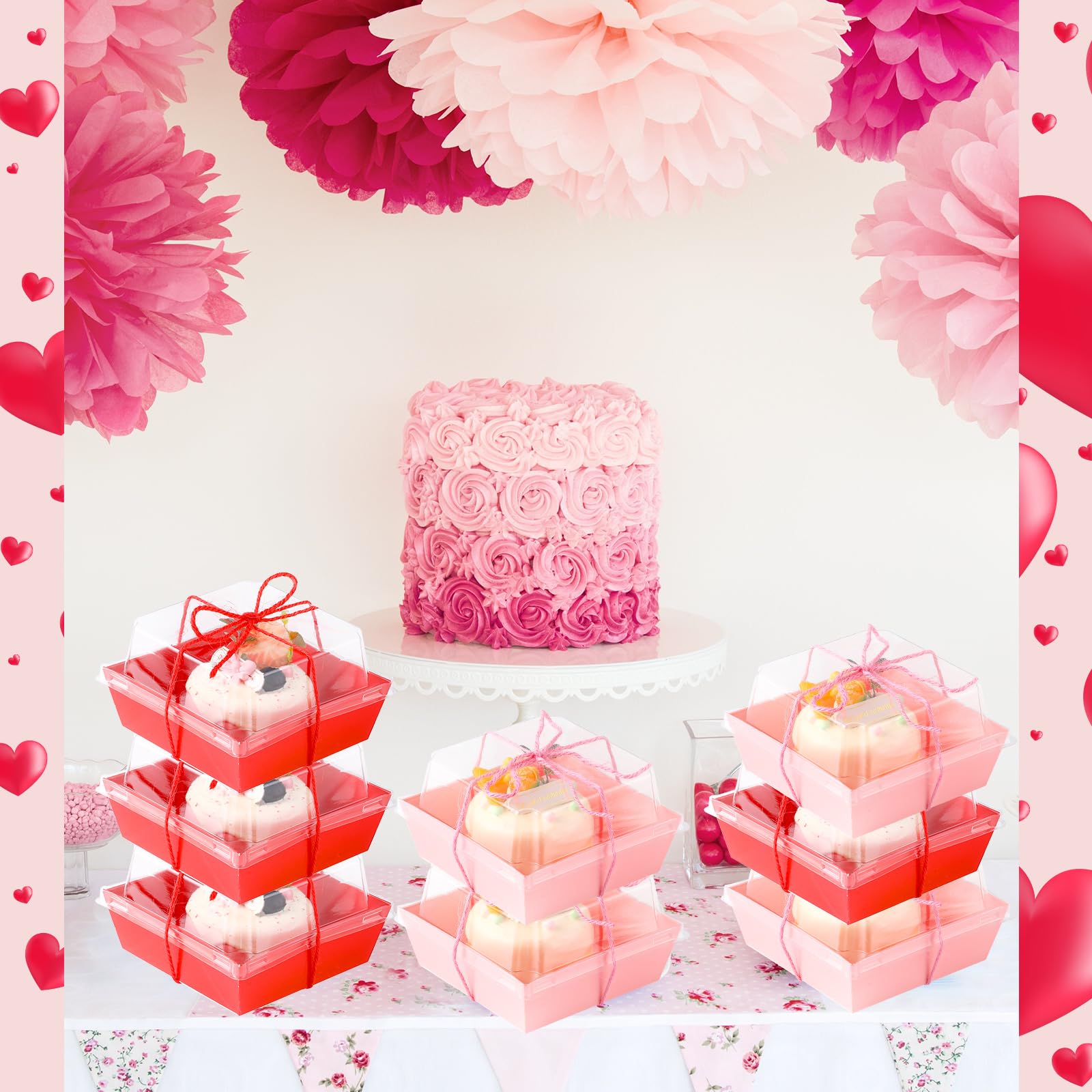 Layhit 300 Pack Mothers Day Charcuterie Boxes with Clear Lids and Rope 4" Disposable Square Dessert Boxes Pink Red Food Box Charcuterie Container for Wedding Party Favors