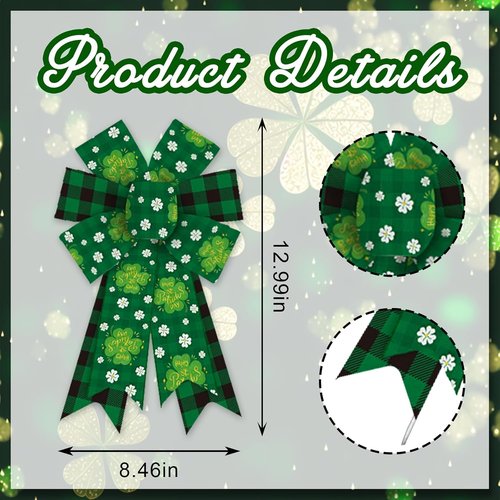 Heureppy Irish St. Patrick's Day Burlap Linen Wreath Bows - Green Plaid Clover Decor for Indoor/Outdoor Use