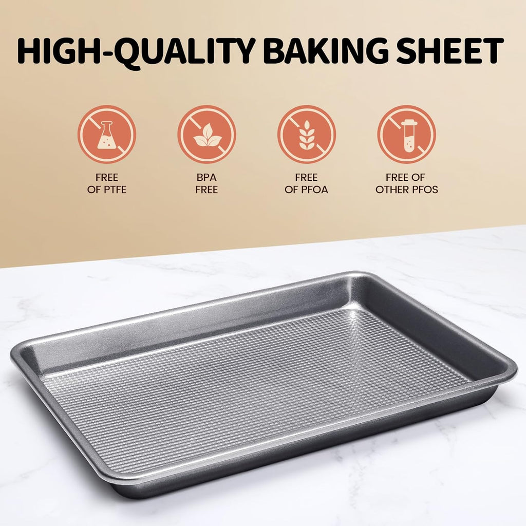 Vinino Baking Sheet Set of 3 - Non-Stick Carbon Steel Cookie Sheets with Square Texture - Grey