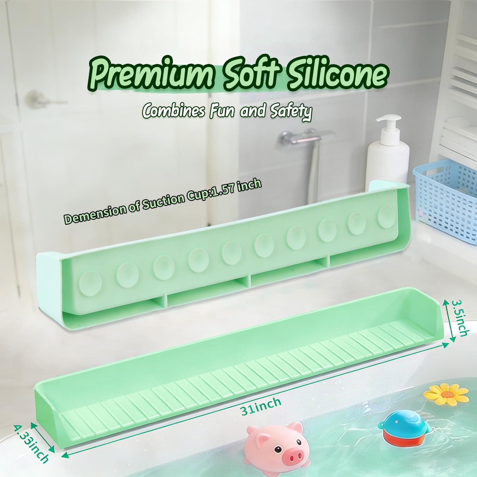 Bathtub Splash Guard for tub Kids& Bath Shelf for Kids – Toddler Bath Tray, Bath Toys Storage & Ledge Organizer – Splash Guard for Bathtub with Suction Cups – Kids Bathroom Accessories(2.6FT, Green)