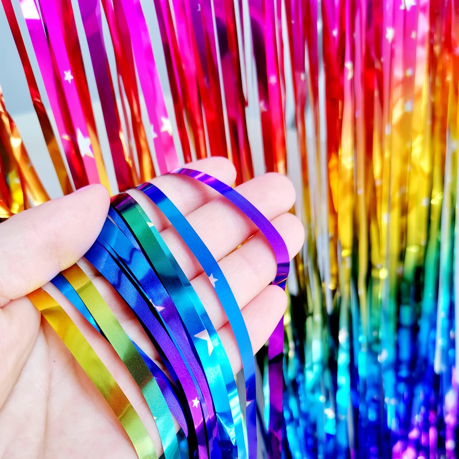 Rainbow Tinsel Foil Fringe Curtains - 2 Pack Metallic Streamers for Party Decorations | 3.3x6.6ft