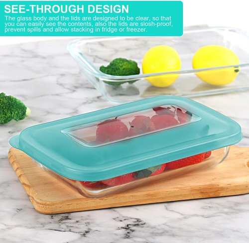 KOMUEE Glass Baking Dish Set - 8 Pieces with BPA-Free Lids | Rectangular Bakeware for Lasagna & Leftovers