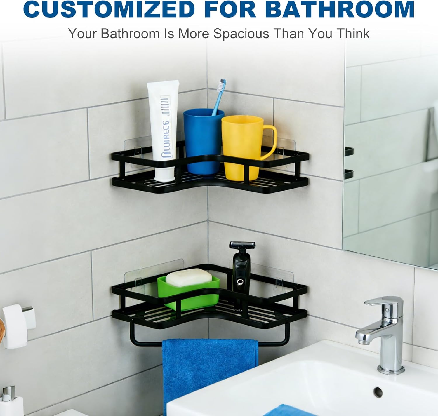 Skiennix Shower Caddy - Rustproof Bathroom Organizer with Shampoo Holder | 2 PCS Black Shelves