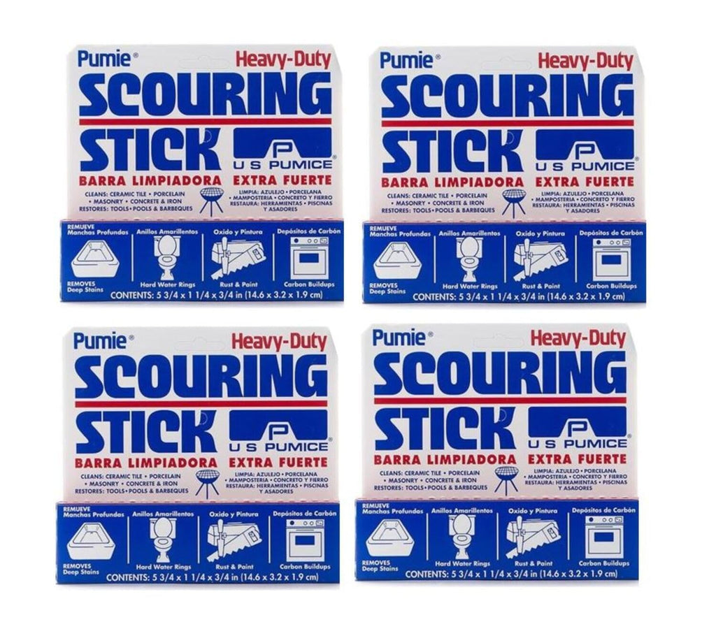 PUMIE Pumice Scouring Stick for Cleaning Toilet Bowl Rings & Hard Water Stains, Bathroom, Pools & Tubs, Pumice Stone for Toilet Cleaning, Rust, Grills, Food Build Ups, Pack of 4, includes Scouring Pad