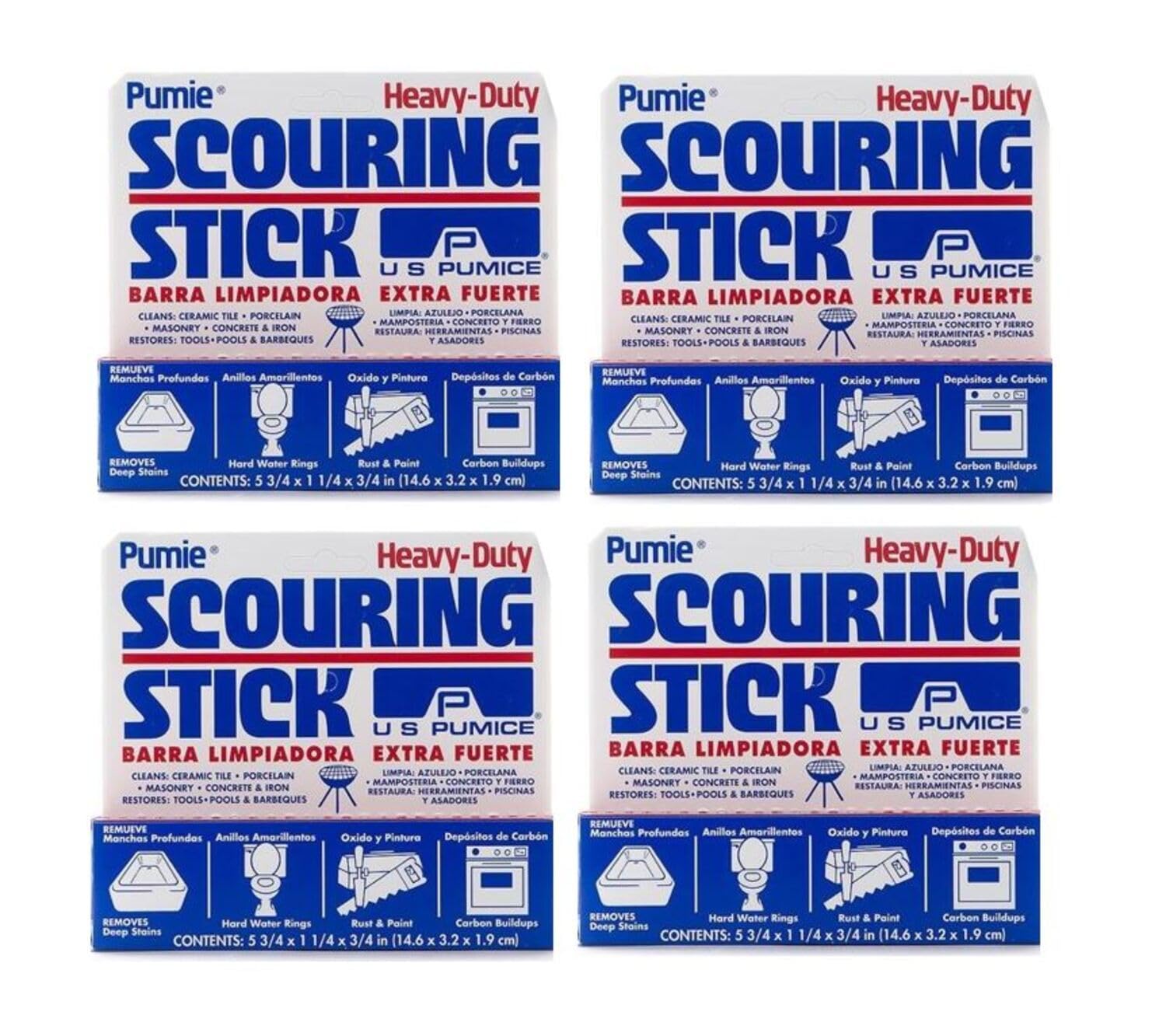 PUMIE Pumice Scouring Stick for Cleaning Toilet Bowl Rings & Hard Water Stains, Bathroom, Pools & Tubs, Pumice Stone for Toilet Cleaning, Rust, Grills, Food Build Ups, Pack of 4, includes Scouring Pad