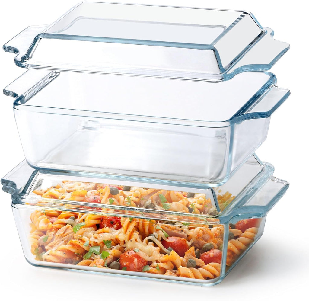 Pyrex Set of 2 Glass Casserole Dishes - Oven Safe Rectangular Baking Dish with Lids, 5.7in x 7in