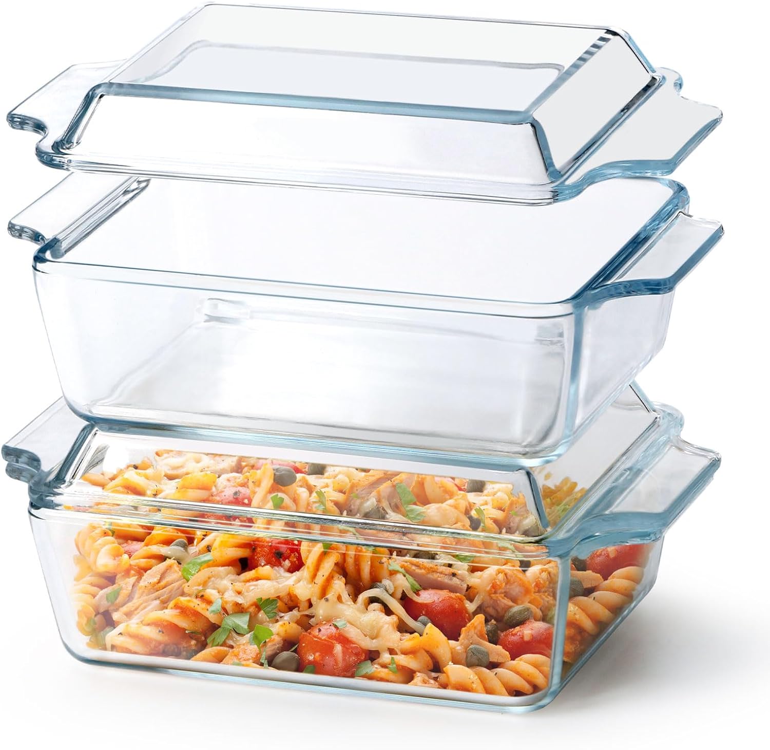 Pyrex Set of 2 Glass Casserole Dishes - Oven Safe Rectangular Baking Dish with Lids, 5.7in x 7in