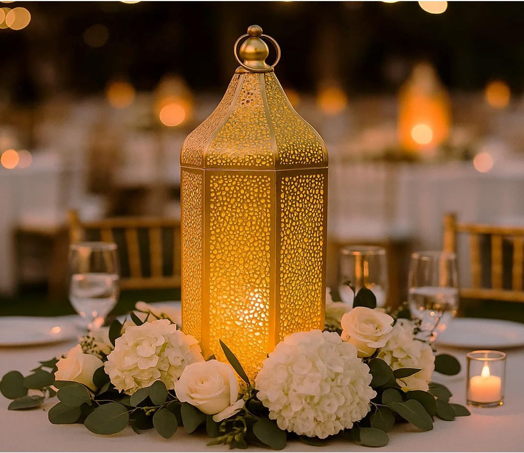 VELA Lanterns 16" Champagne Gold Moroccan Candle Lantern - Elegant Metal Hexagon for Table or Hanging Decor