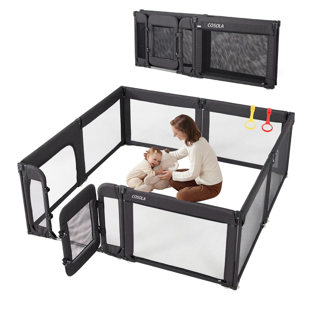 Skiennix Large Baby Playpen - Adjustable Foldable Indoor & Outdoor Fence, 79x71 Inch, Black