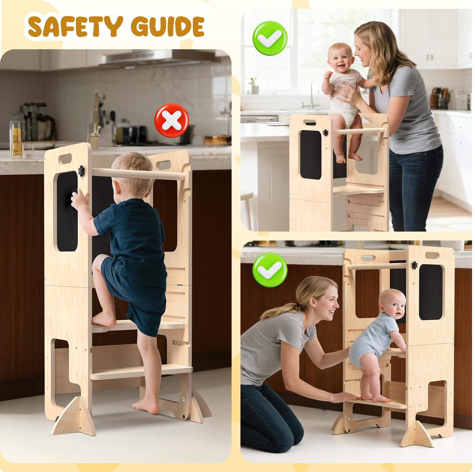 WORLDMX Toddler Kitchen Step Stool, Adjustable Height Learning Standing Tower with Blackboard, Wooden Kitchen Stool Helper for Kids, 1-3 Year Old Boy Girl Gifts