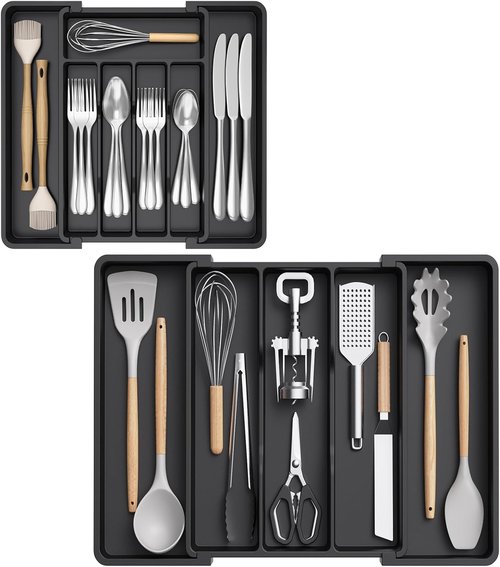 Lifewit Drawer Organizer Set - Expandable Plastic Storage for Silverware & Cooking Utensils, BPA-Free, Black