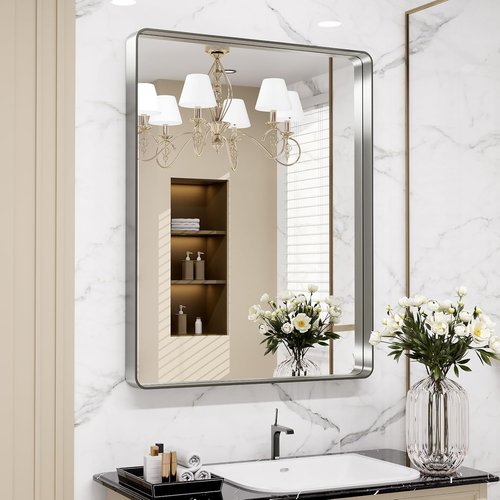 LOAAO Brushed Nickel Bathroom Mirror - 32X36 Inch Rounded Rectangle Design | Anti-Rust, Versatile Hanging Options
