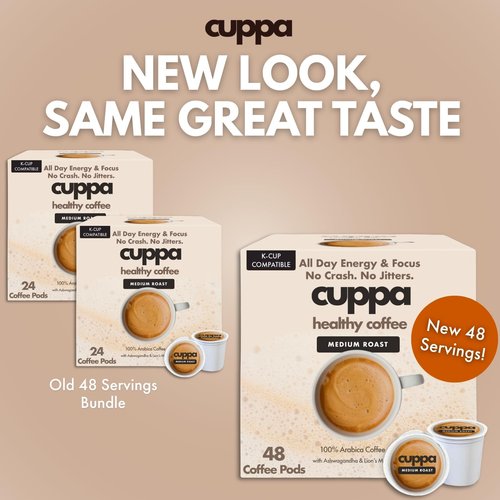 Cuppa Medium Roast Mushroom Coffee with Adaptogens & Superfoods - Lion’s Mane, Ashwagandha & Cordyceps. Adaptogens + MCT to support natural energy, mental focus & gut health (48 Pods)