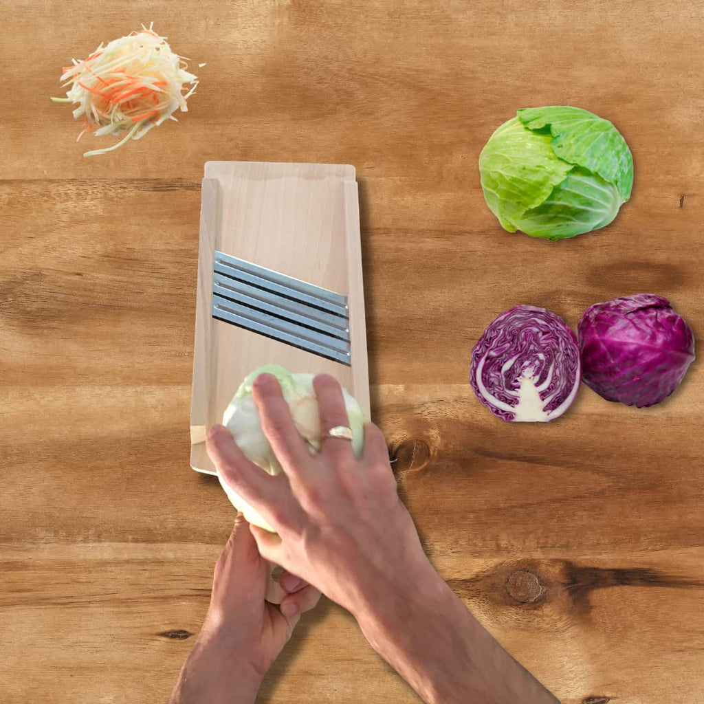Wooden Cabbage Shredder, Vegetable Slicer for Food Preparation, Sauerkraut, Coleslaw, Salads. Pre-Oiled. Three Blades. A Cut Resistant Glove.